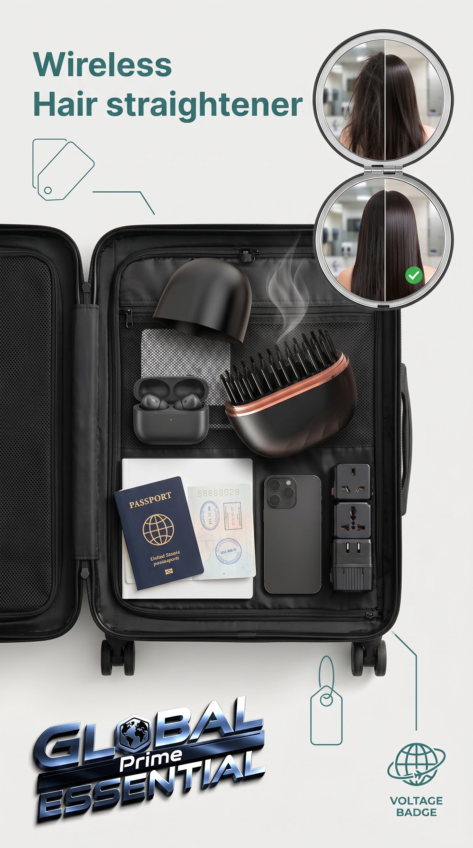 Global Prime Essential portable hair straightener with a sleek design, perfect for travel and styling hair anywhere.