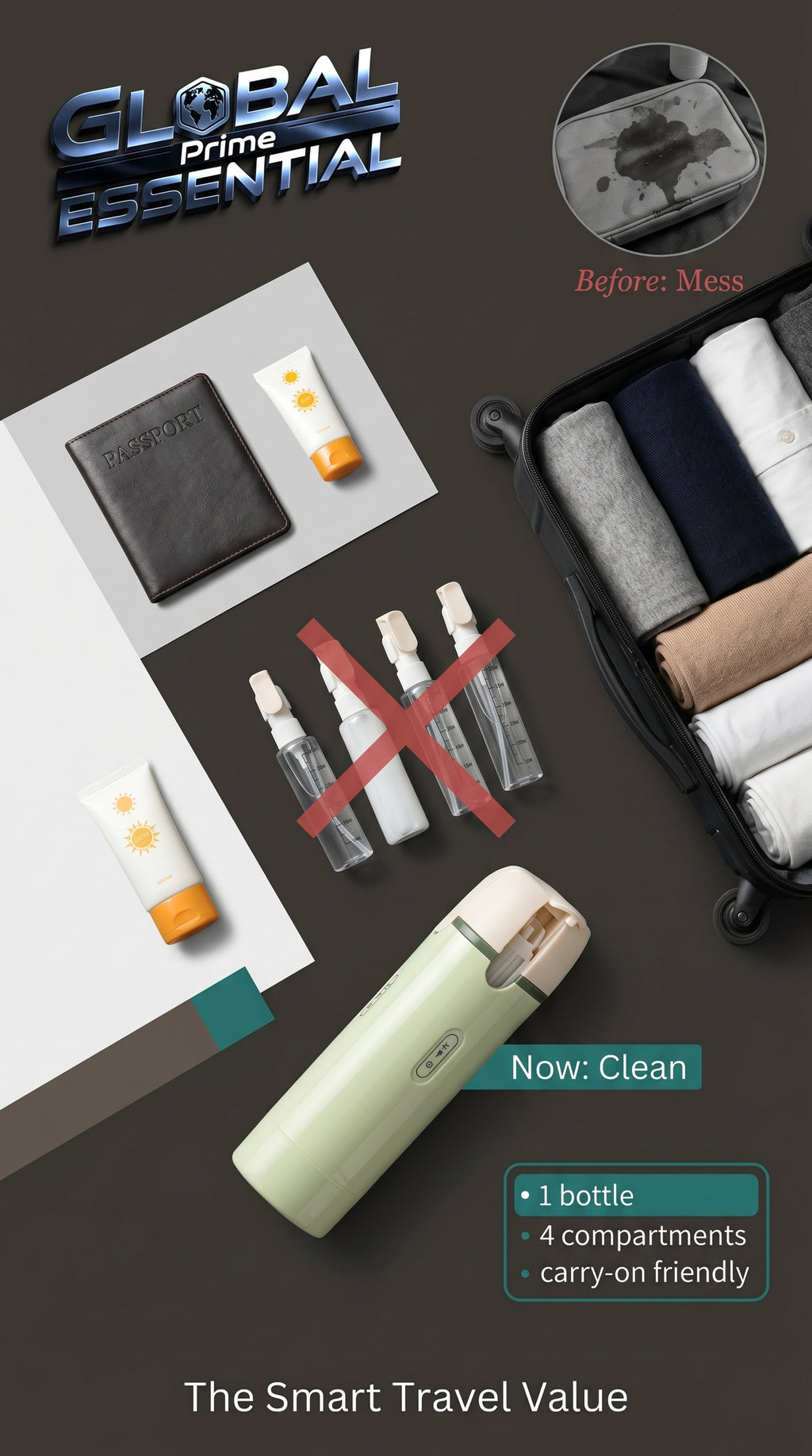 Global Prime Essential 4-in-1 travel dispenser bottle with four compartments for toiletries and liquids, outdoor accessory.