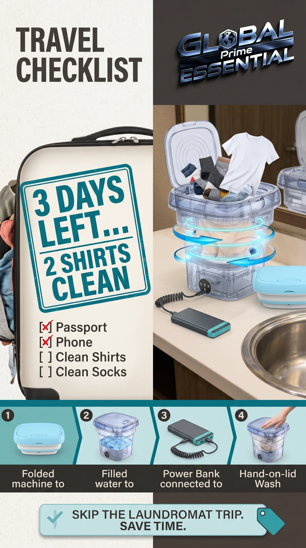 Global Prime Essential folding washing machine compactly washing clothes, ideal for travel and small spaces.