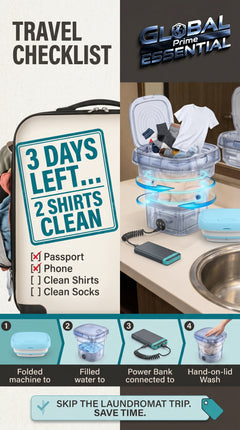 Global Prime Essential folding washing machine compactly washing clothes, ideal for travel and small spaces.