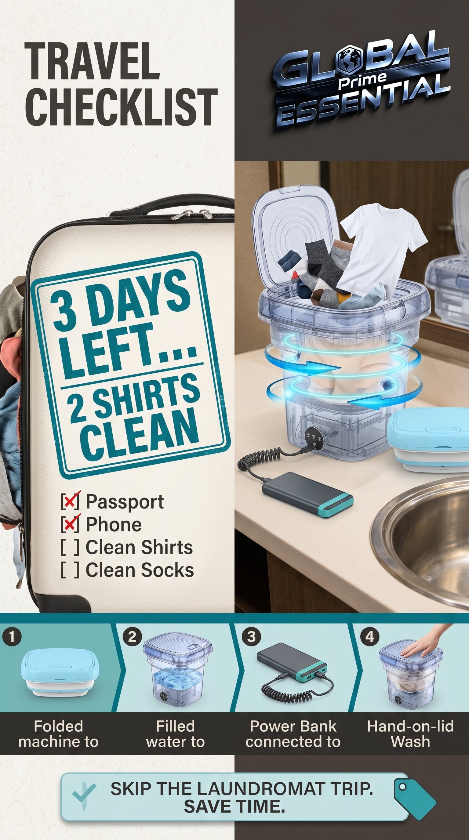 Global Prime Essential folding washing machine compactly washing clothes, ideal for travel and small spaces.