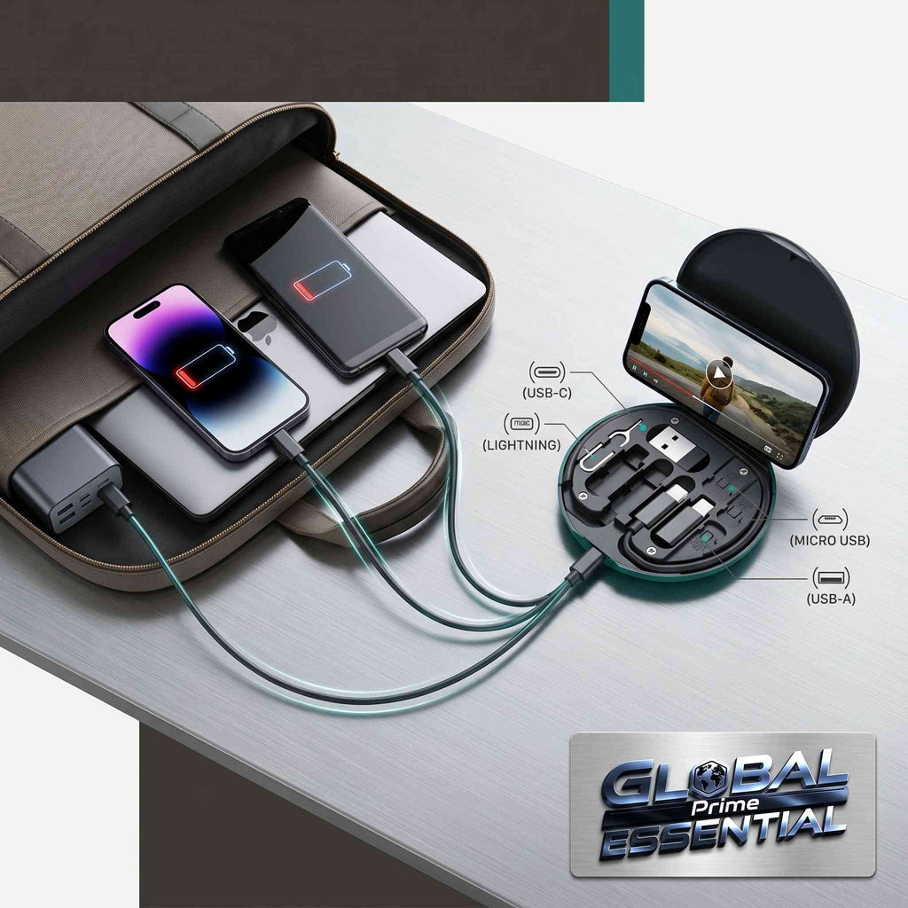 Global Prime Essential multi charging adapter kit with USB-C, Lightning, Micro USB, and USB-A cables for versatile device charging.