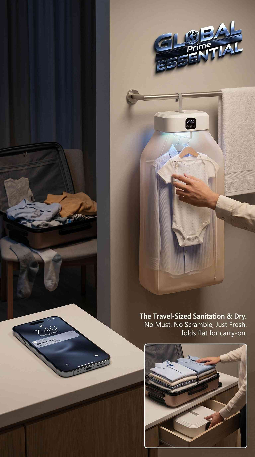 Global Prime Essential portable electric clothes dryer with UV light, foldable design, ideal for travel and small apartments.