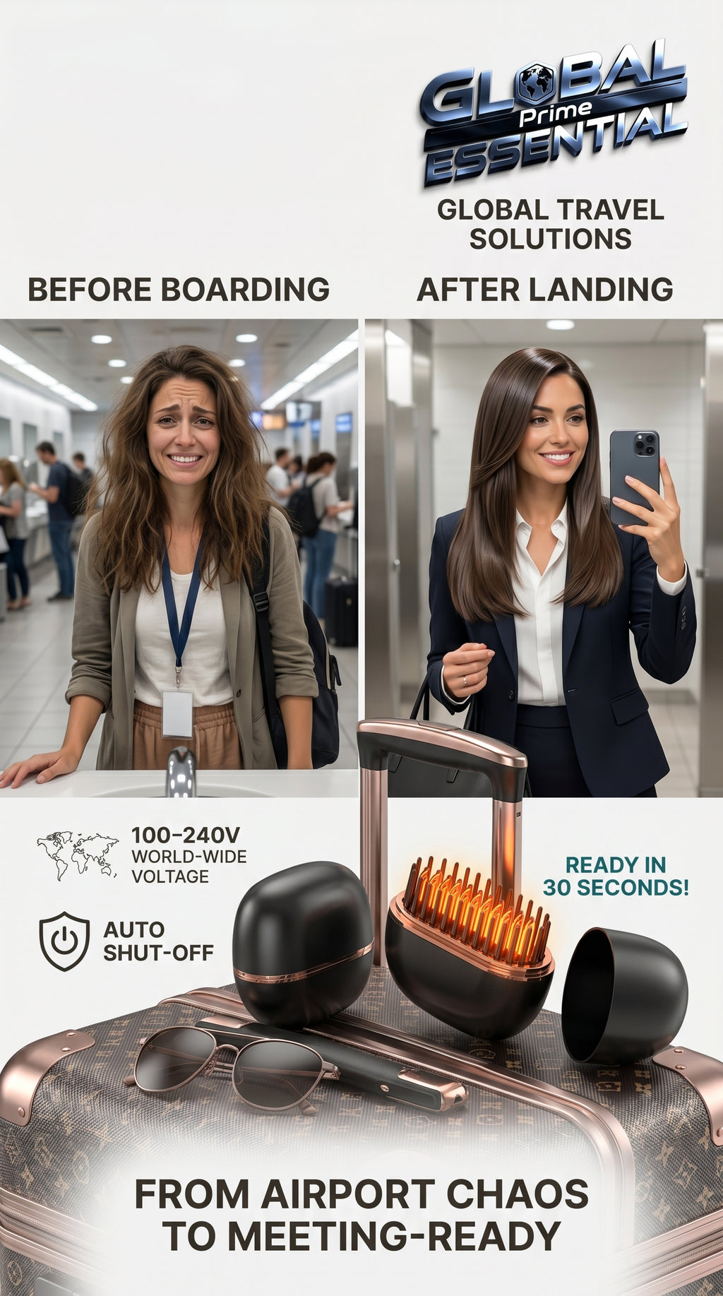 Global Prime Essential portable hair straightener for quick, frizz-free styling on the go, ideal for travel and everyday use.