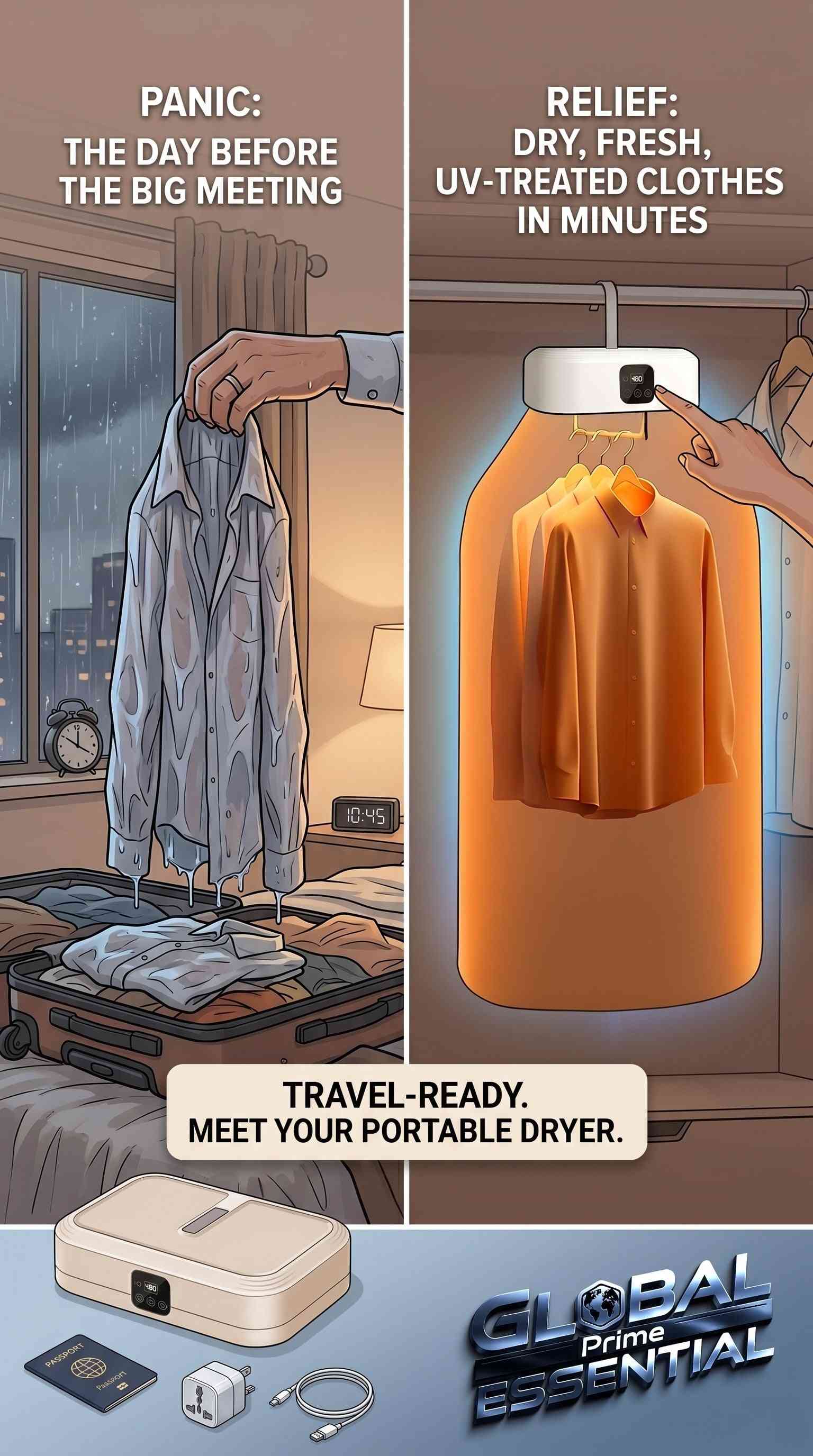 Global Prime Essential portable electric clothes dryer with foldable design, UV light, ideal for travel and small apartments.