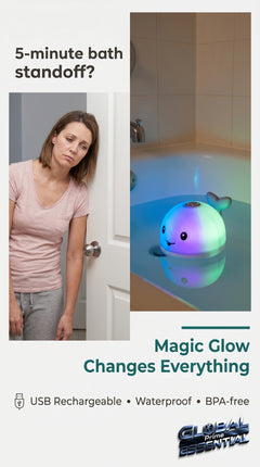 Rechargeable whale-shaped baby bath toy by Global Prime Essential, designed to light up and entertain during bath time.