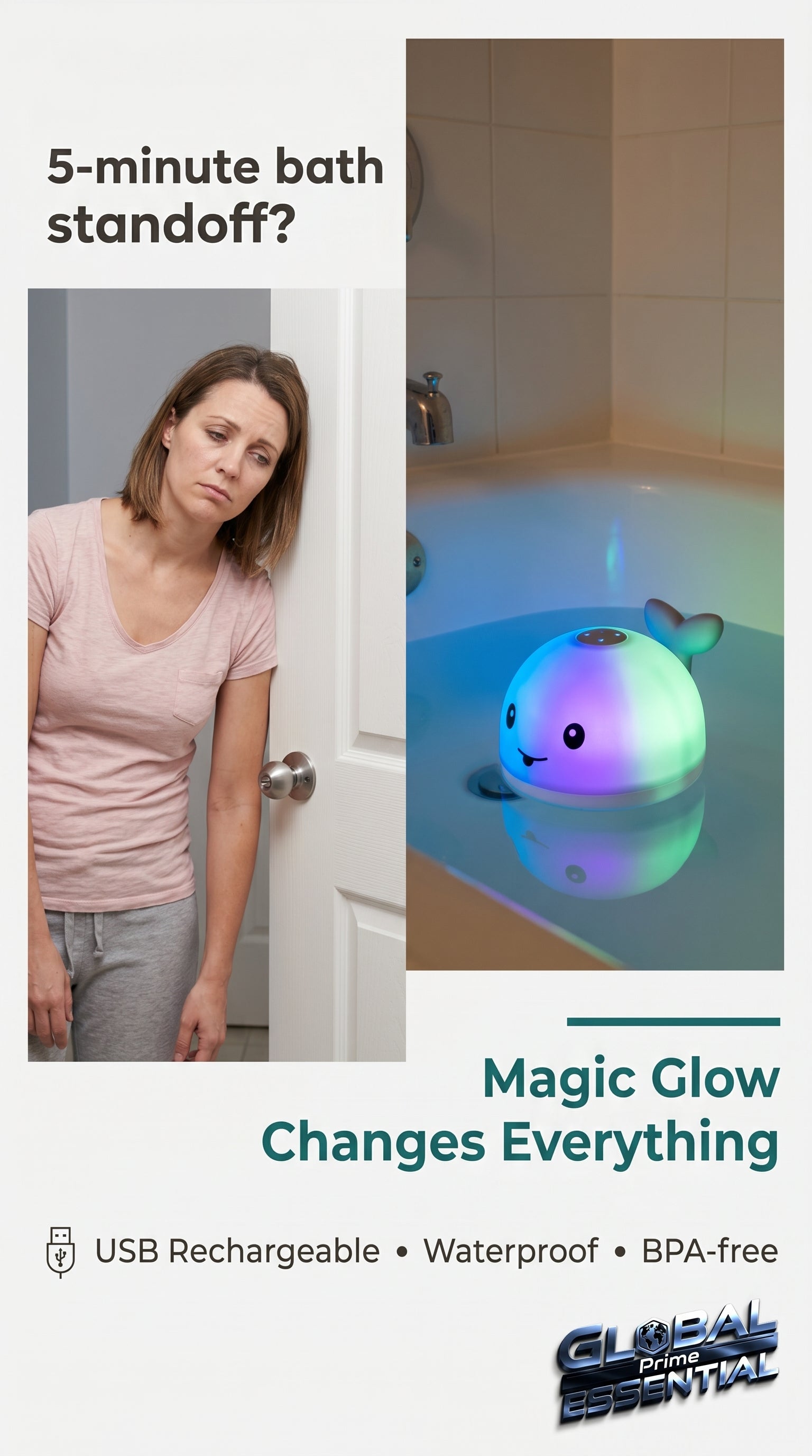 Rechargeable whale-shaped baby bath toy by Global Prime Essential, designed to light up and entertain during bath time.