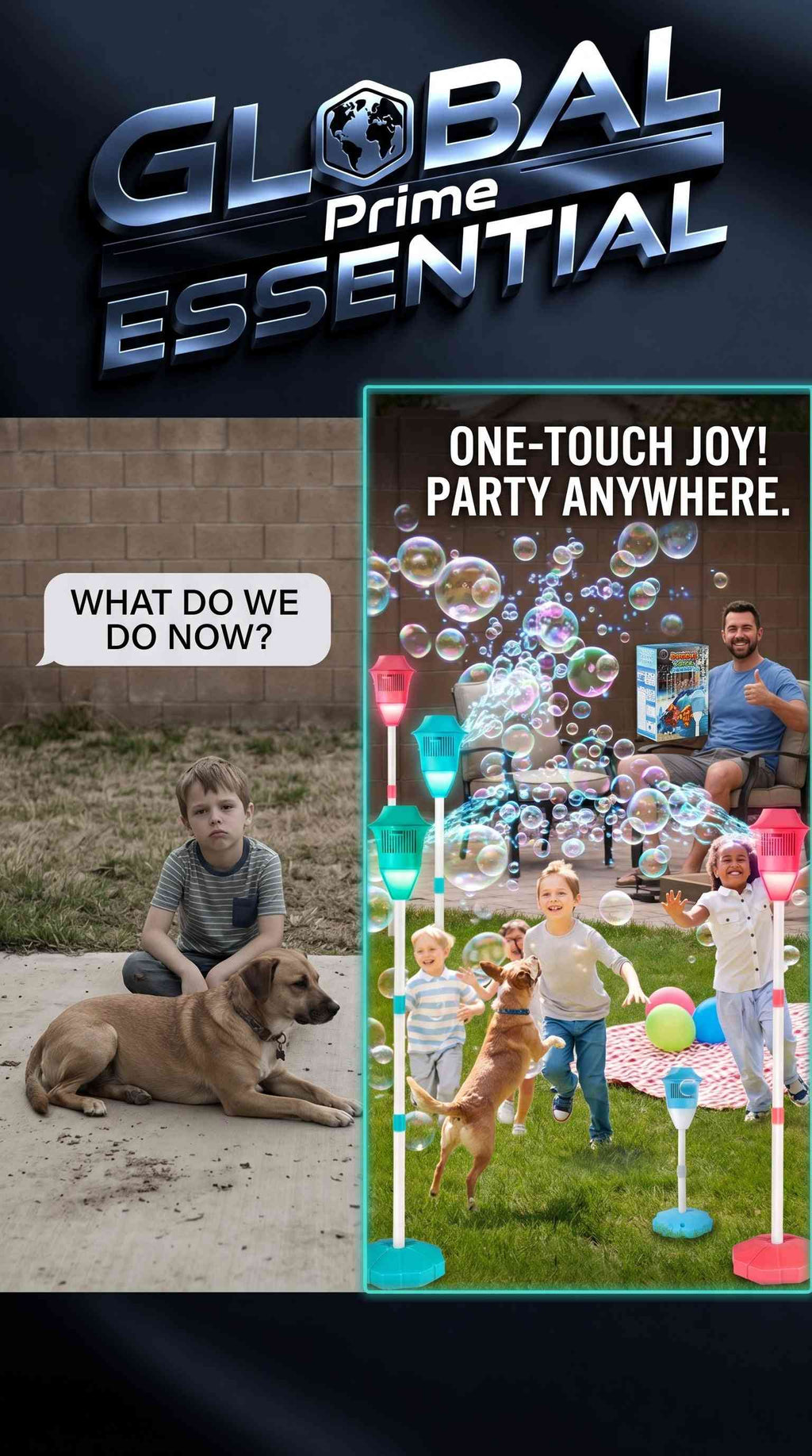 Global Prime Essential kids' standing bubble machine with LED lights, music, adjustable height, and battery power for outdoor fun.