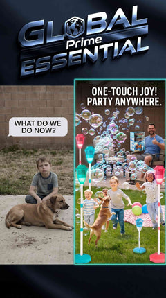 Global Prime Essential kids' standing bubble machine with LED lights, music, adjustable height, and battery power for outdoor fun.
