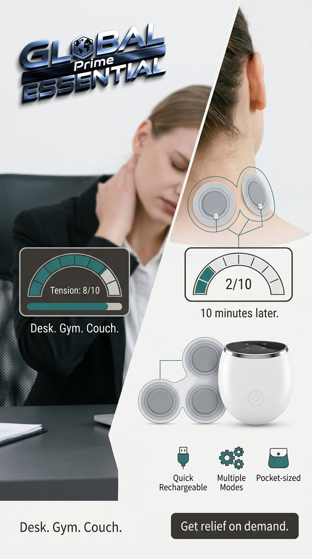 Global Prime Essential Portable Pulse EMS Massager showing adjustable tension and ease of use for muscle relief.