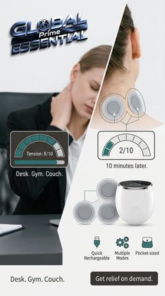 Global Prime Essential Portable Pulse EMS Massager showing adjustable tension and ease of use for muscle relief.