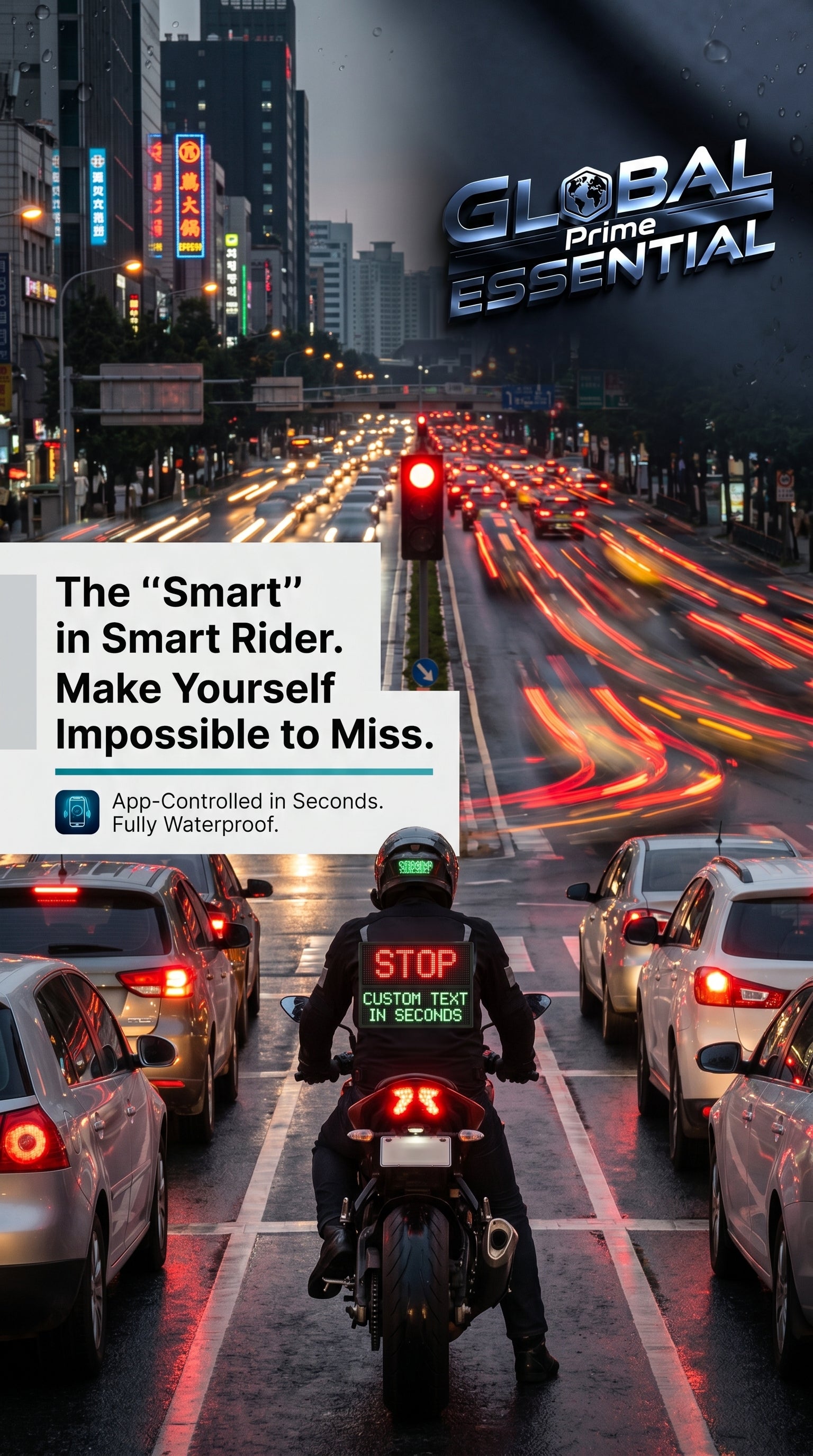 Global Prime Essential motorcycle helmet with programmable LED display showing "Turn Heads, Stop Safely" for increased visibility.
