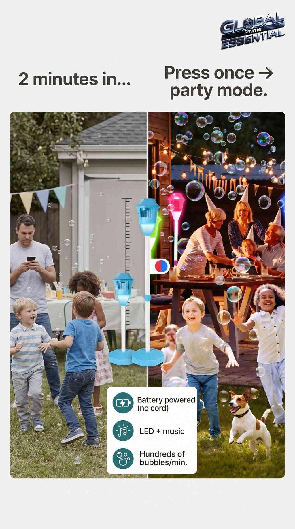 Global Prime Essential standing bubble machine for kids with LED lights, music, adjustable height, and battery power.