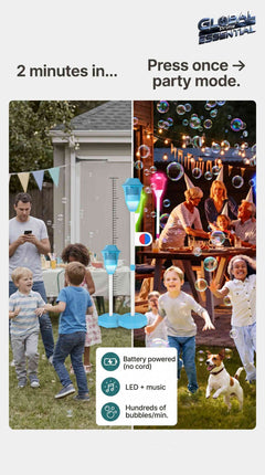 Global Prime Essential standing bubble machine for kids with LED lights, music, adjustable height, and battery power.