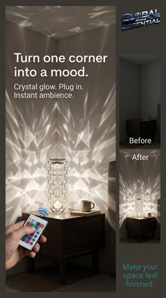 Global Prime Essential crystal lamp illuminating a cozy corner with warm, ambient lighting for a stylish, elegant home decor accent.