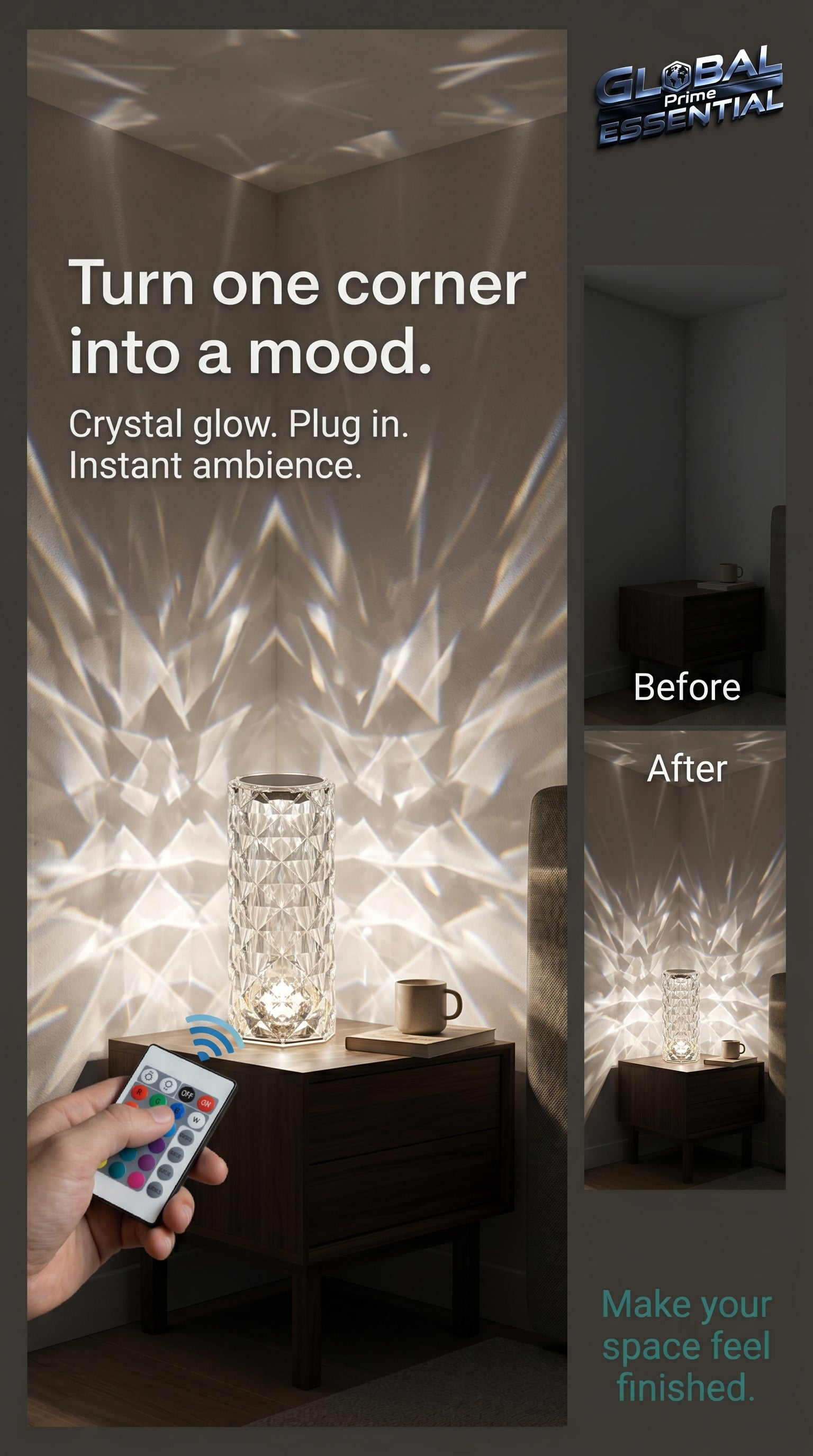 Global Prime Essential crystal lamp illuminating a cozy corner with warm, ambient lighting for a stylish, elegant home decor accent.