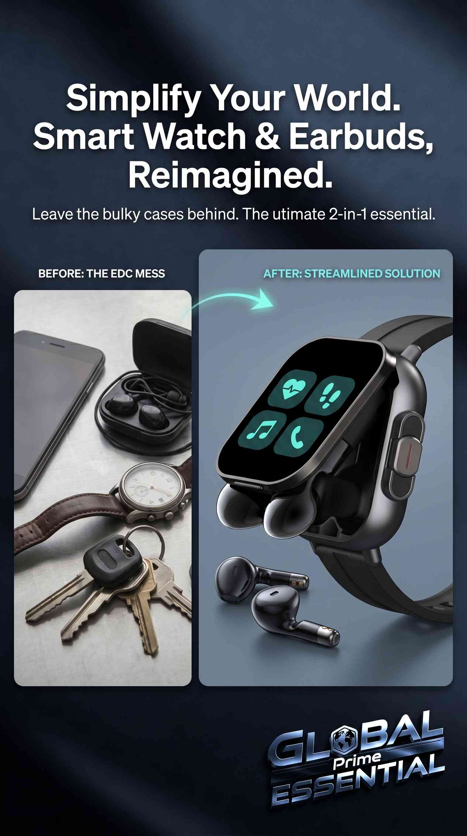 Global Prime Essential 2-in-1 smartwatch with HD screen and Bluetooth earbuds, showcasing heart rate monitor and sports modes.