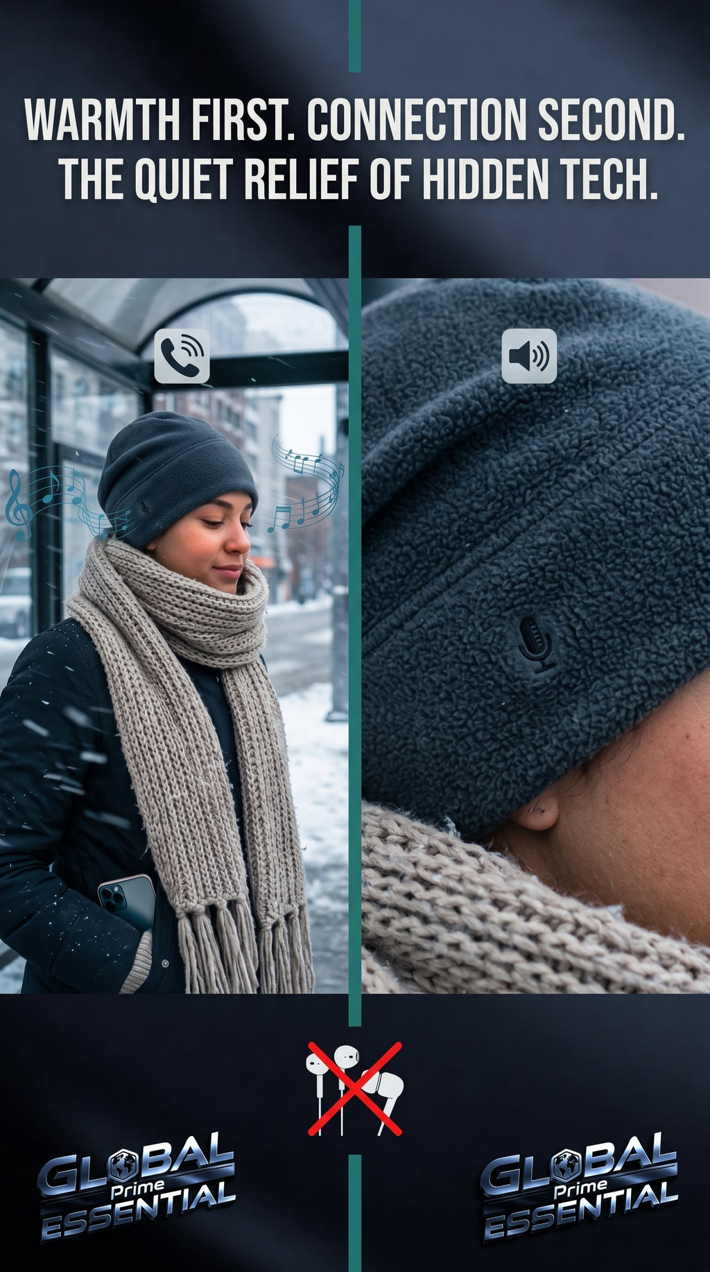 Bluetooth headscarf with built-in speakers by Global Prime Essential, designed for outdoor warmth, music, and hands-free calls.