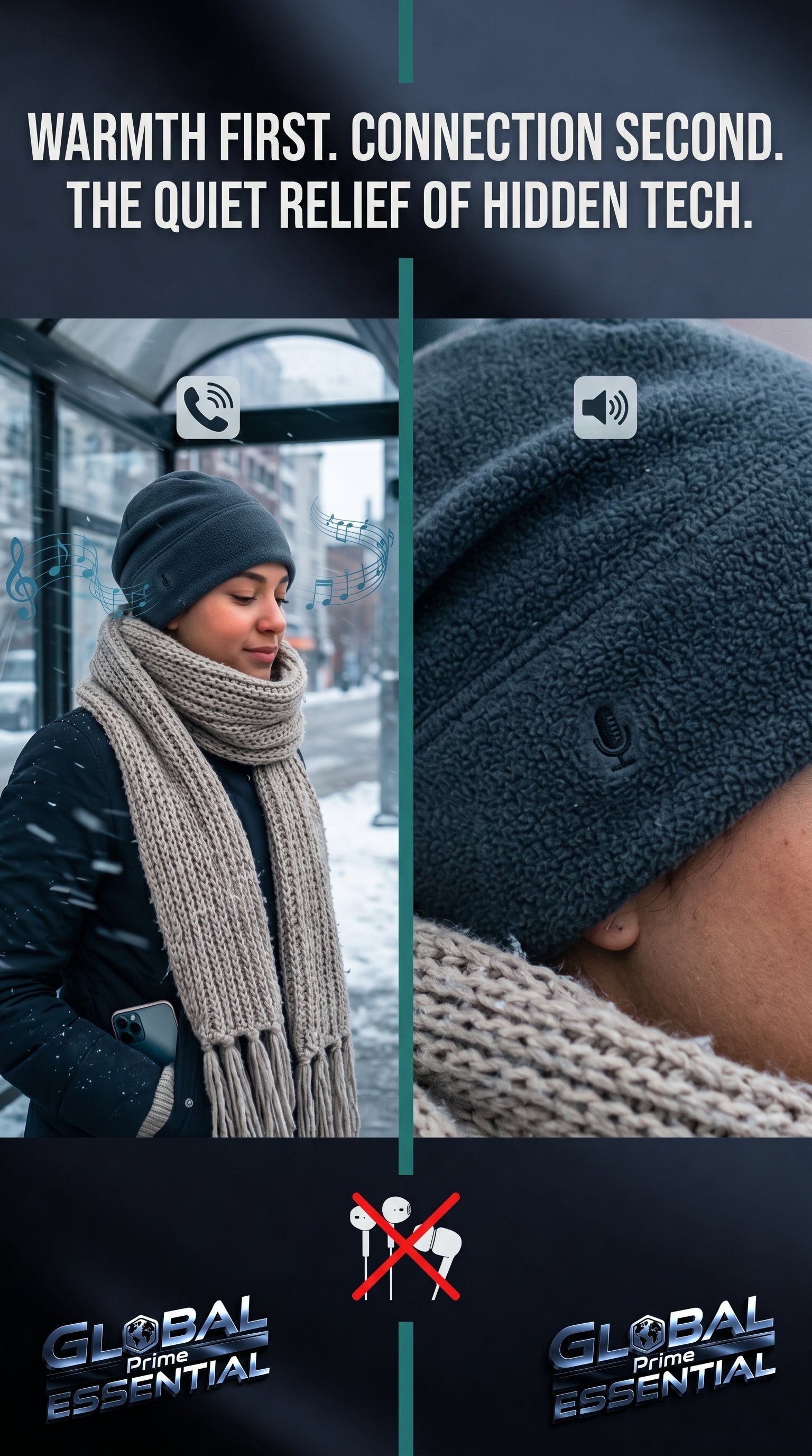 Bluetooth headscarf with built-in speakers by Global Prime Essential, designed for outdoor warmth, music, and hands-free calls.