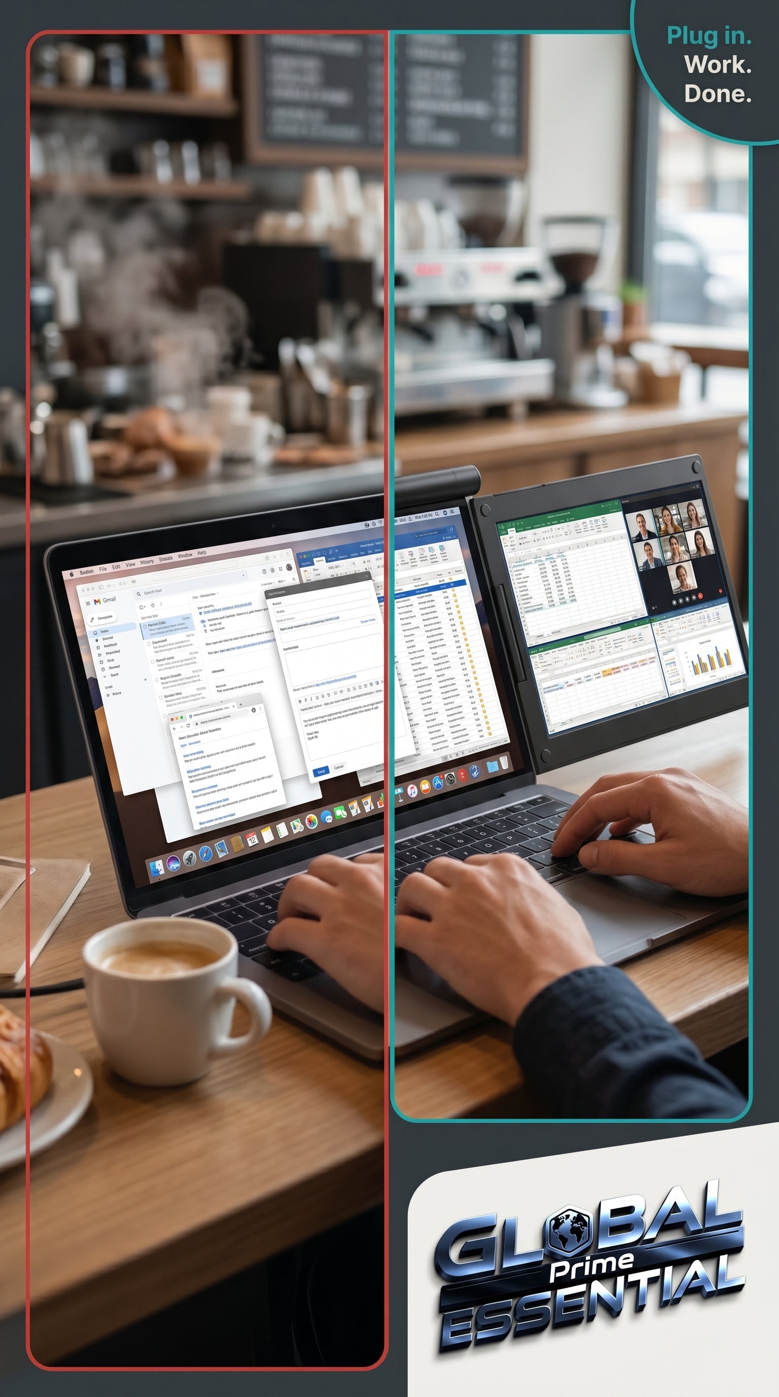 Global Prime Essential portable dual screen monitor for laptop showing an uncluttered workspace and enhanced productivity.