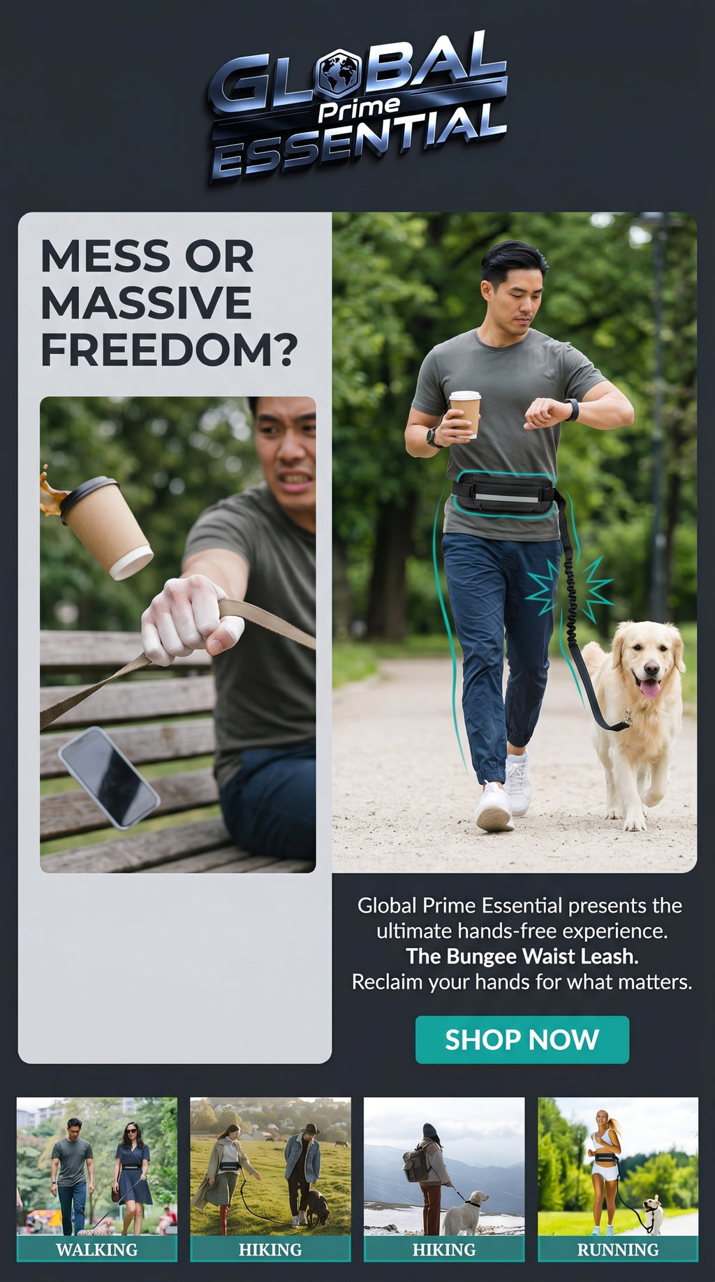 Hands free dog leash by Global Prime Essential, showing a dog owner walking with the leash attached for hands-free control.