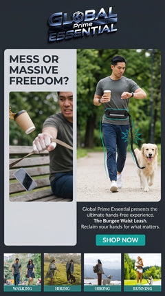 Hands free dog leash by Global Prime Essential, showing a dog owner walking with the leash attached for hands-free control.