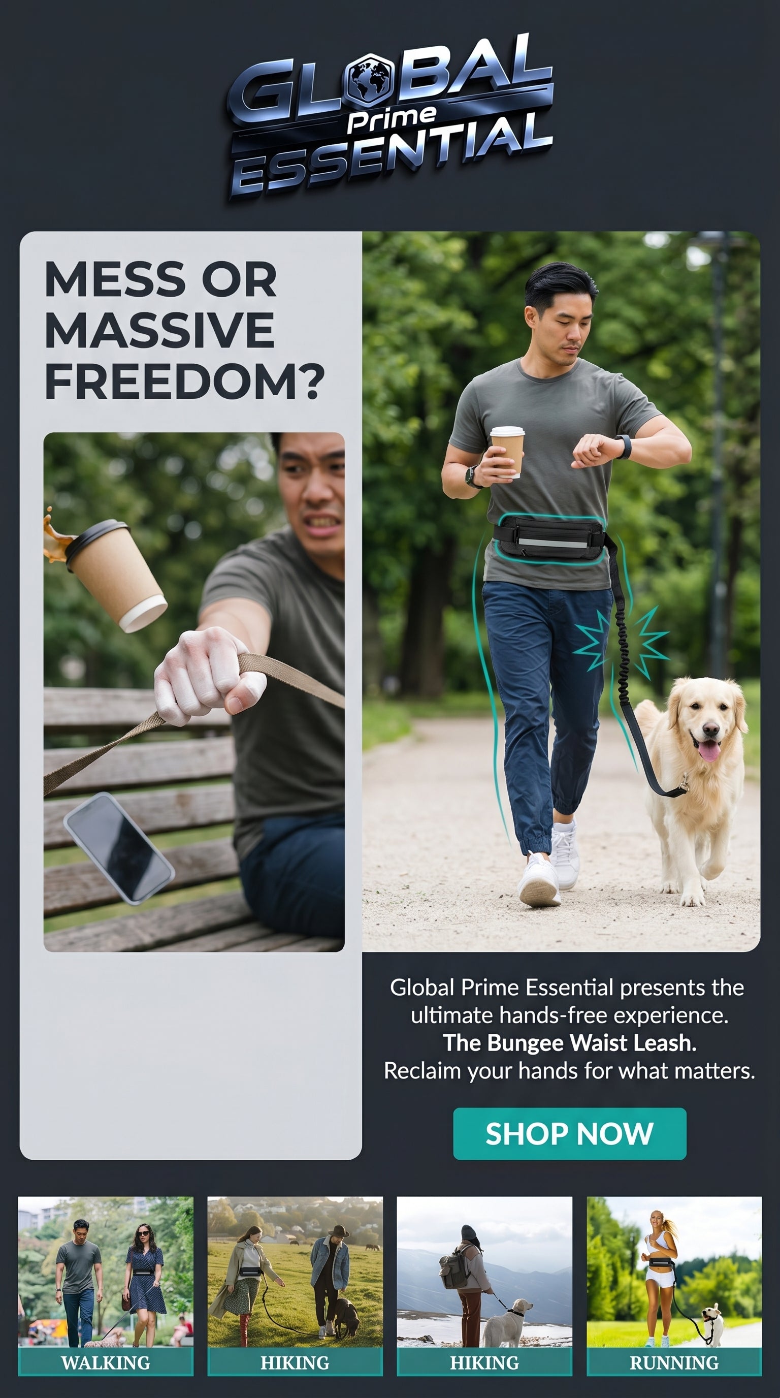 Hands free dog leash by Global Prime Essential, showing a dog owner walking with the leash attached for hands-free control.