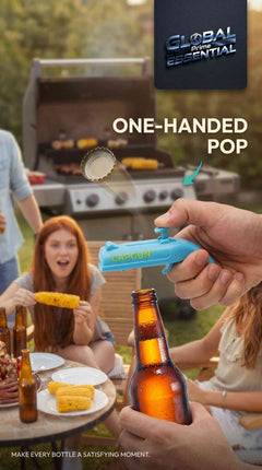 Global Prime Essential cap gun bottle opener with pull-release design, perfect for parties and BBQs, adds fun to beverage opening.
