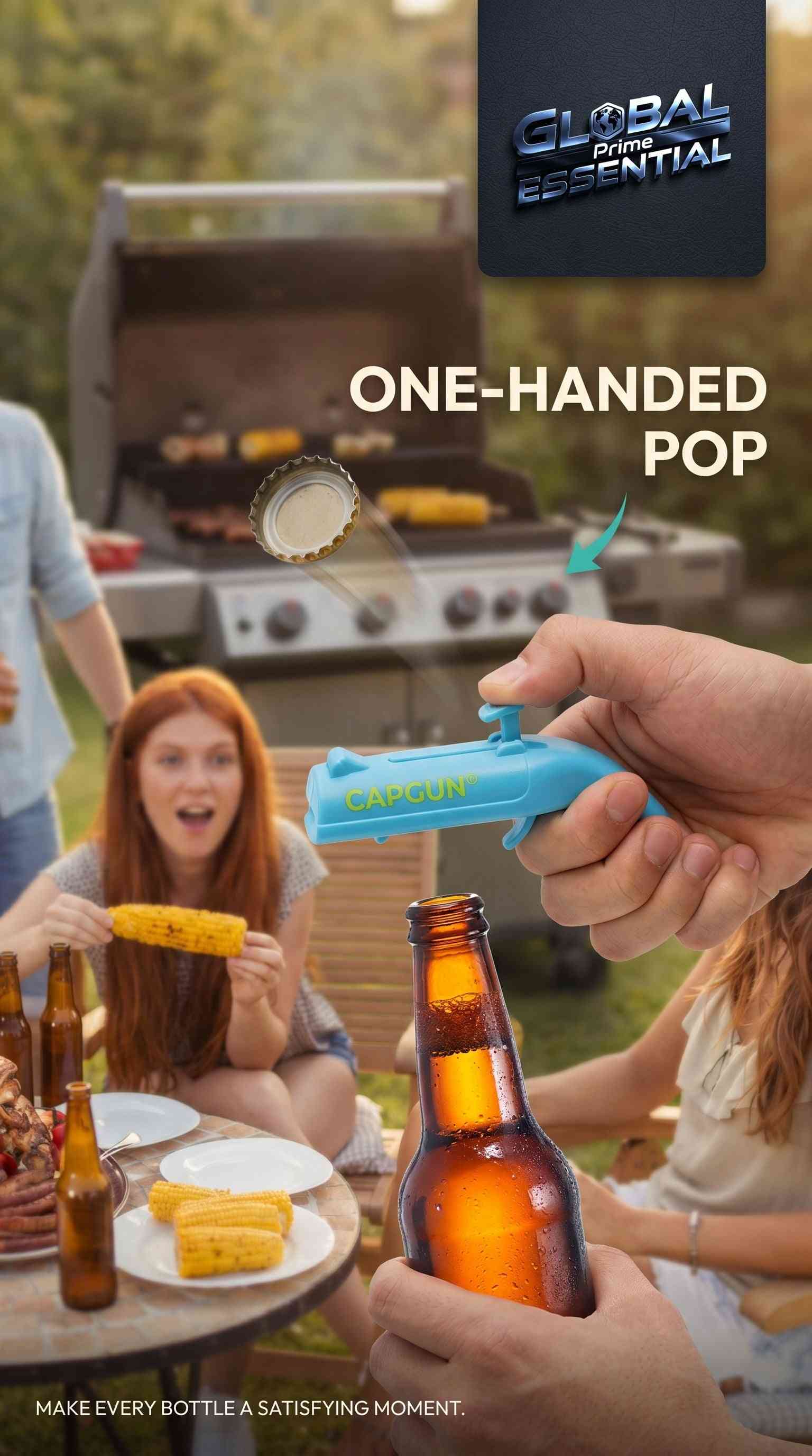 Global Prime Essential cap gun bottle opener with pull-release design, perfect for parties and BBQs, adds fun to beverage opening.