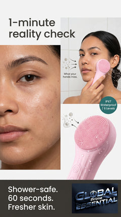 Global Prime Essential Sonic Waterproof Facial Cleansing Brush for deep pore cleaning and smoother skin.