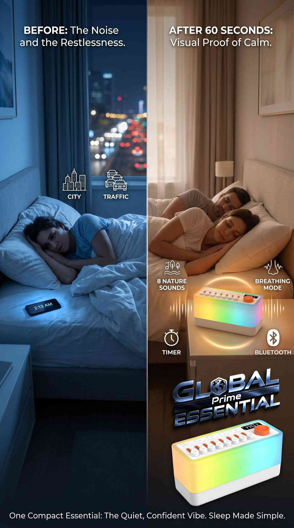 Global Prime Essential ambient sound machine with nature sounds, night light, breathing therapy, and Bluetooth speaker for better sleep.