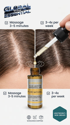 Global Prime Essential hair growth oil bottle and dropper for nourishing scalp treatment to promote thicker, fuller hair.