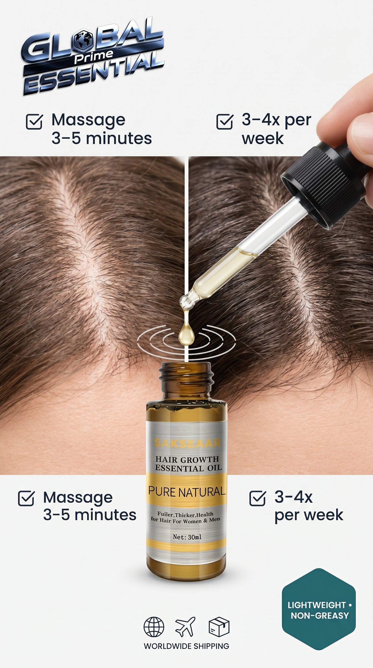 Global Prime Essential hair growth oil bottle and dropper for nourishing scalp treatment to promote thicker, fuller hair.