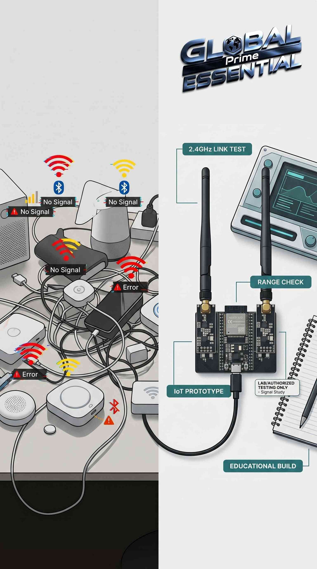 ESP32 DevKitC IoT development kit with NRF24L01 wireless module, WiFi, and Bluetooth for IoT projects, by Global Prime Essential.