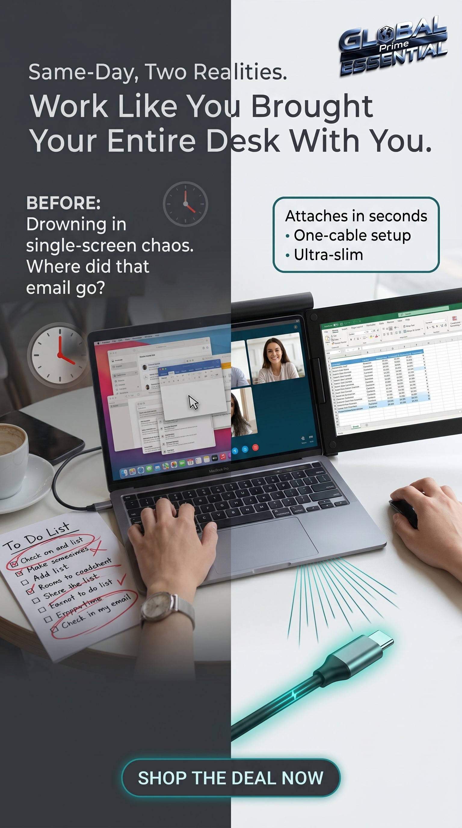 Global Prime Essential portable dual screen monitor for laptops, showcasing a sleek, lightweight design for on-the-go productivity.