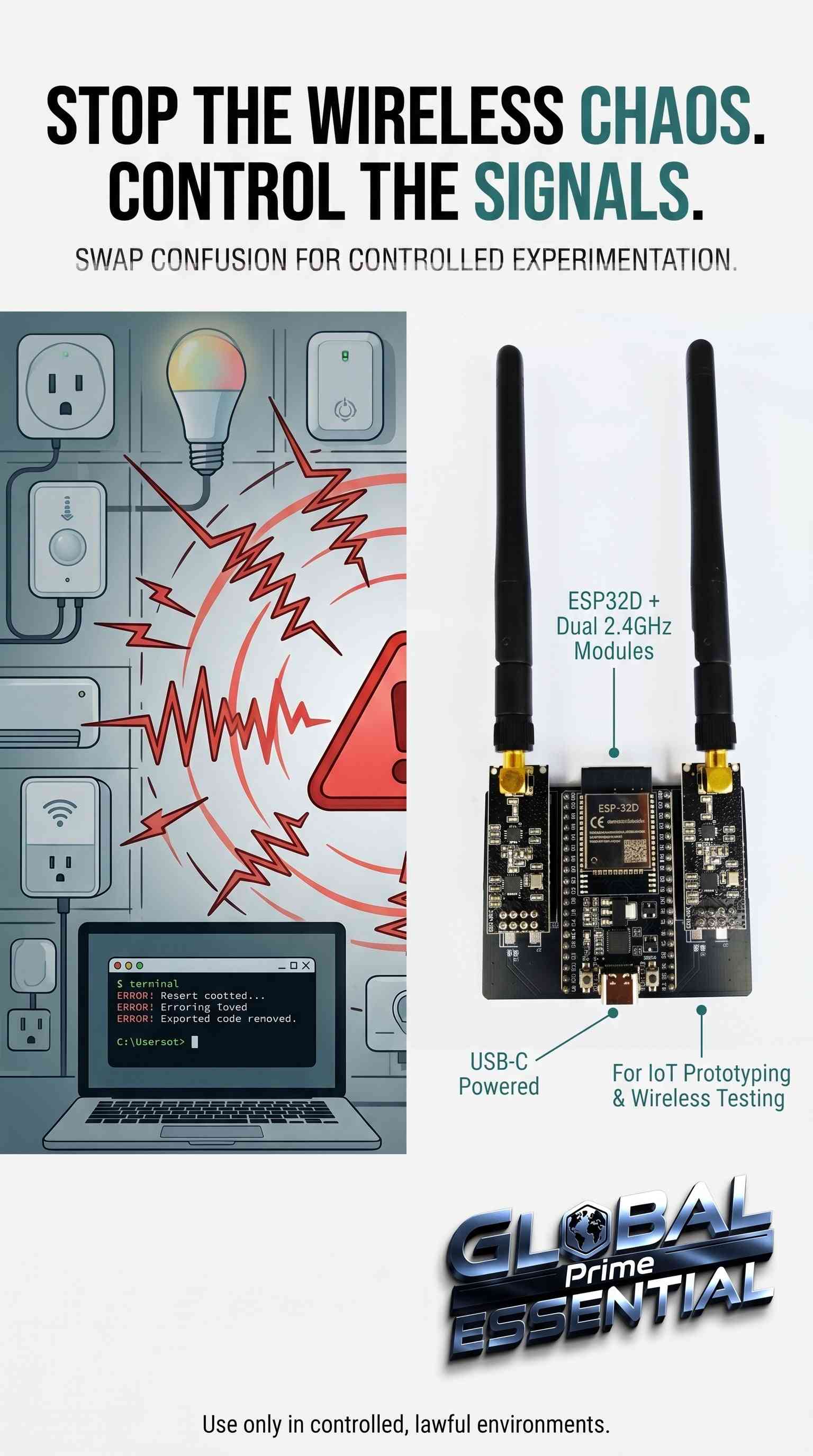 ESP32 DevKitC IoT development kit with NRF24L01 wireless modules, WiFi, and Bluetooth for precise wireless control.
