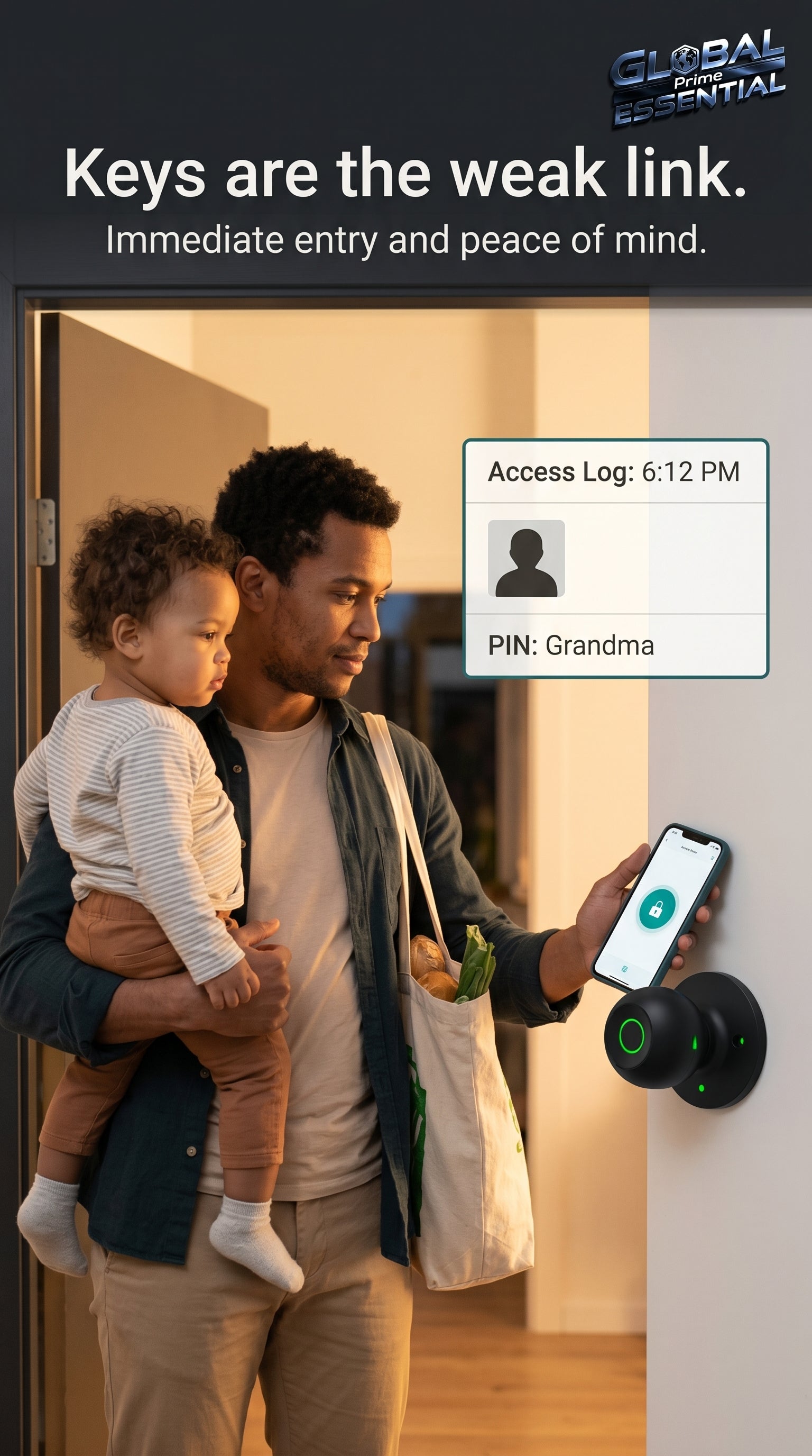 Global Prime Essential smart door knob with keyless entry and sleek design for modern security.
