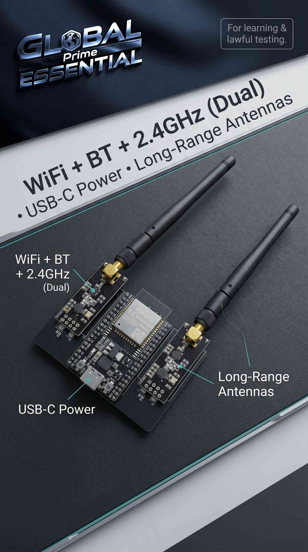 ESP32 DevKitC IoT development kit with NRF24L01 2.4GHz wireless modules, WiFi, and Bluetooth for IoT projects.