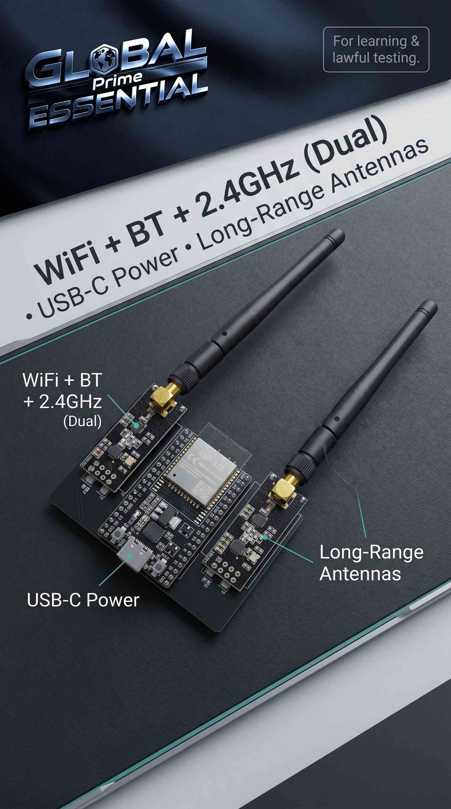 ESP32 DevKitC IoT development kit with NRF24L01 2.4GHz wireless modules, WiFi, and Bluetooth for IoT projects.