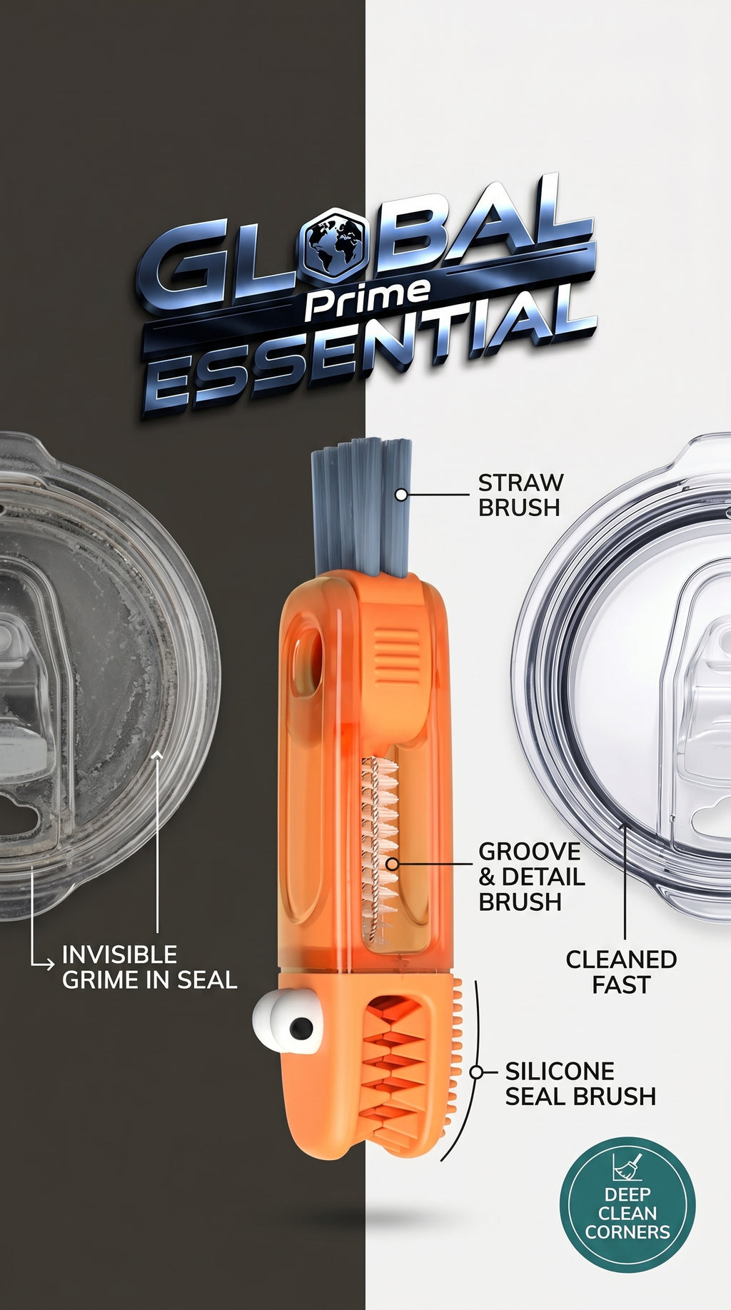 Global Prime Essential 3-in-1 cup lid gap cleaning brush showing its bristles and handle for cleaning tight lid seams.