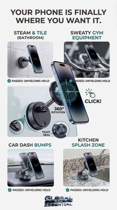 Global Prime Essential magnetic phone holder, MagSafe compatible, 360° adjustable mount for multiple surfaces, secure phone attachment.