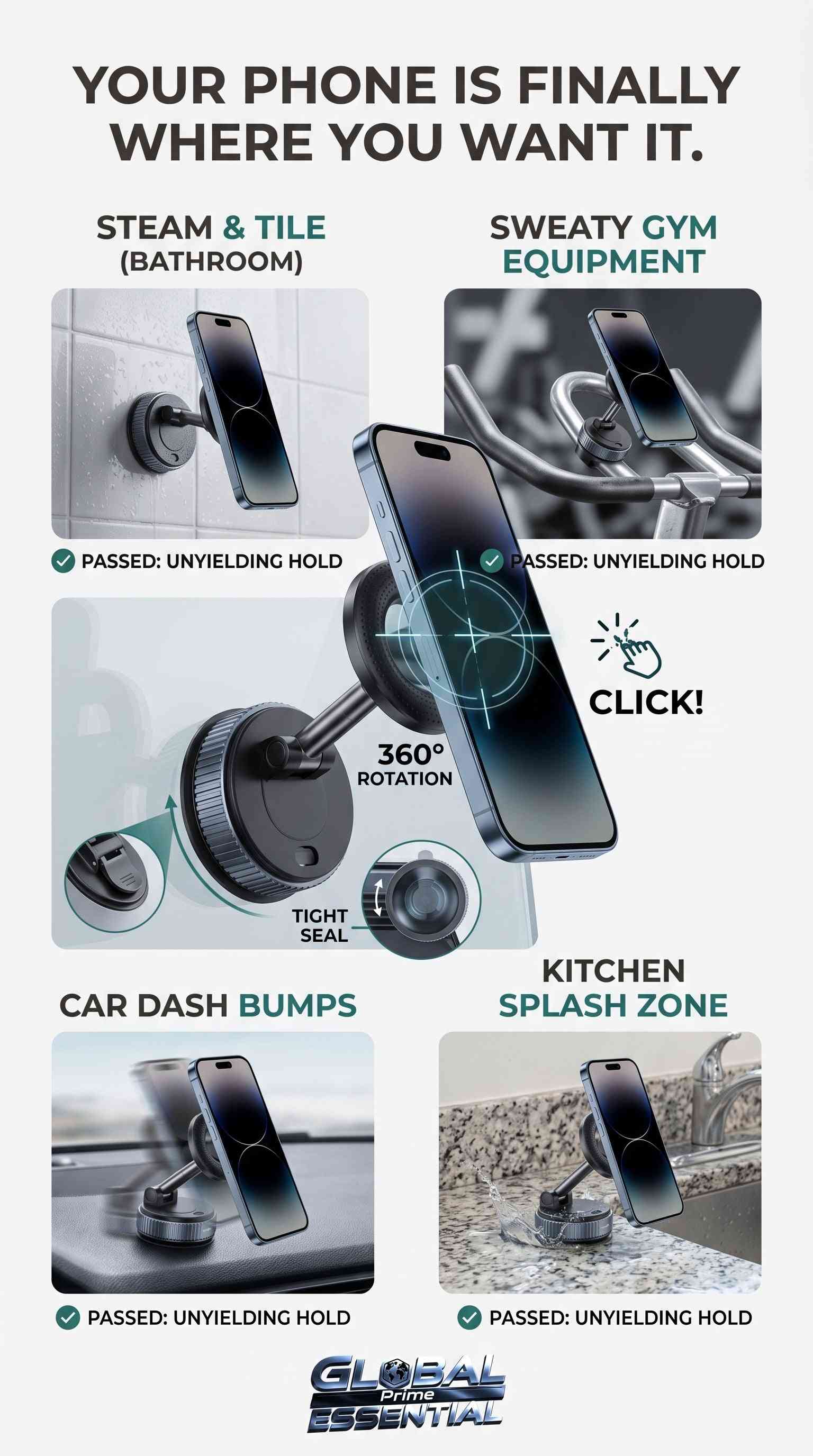 Global Prime Essential magnetic phone holder, MagSafe compatible, 360° adjustable mount for multiple surfaces, secure phone attachment.