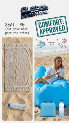 Global Prime Essential inflatable lounger on the beach, showcasing portable, comfortable outdoor seating for relaxing by the water.