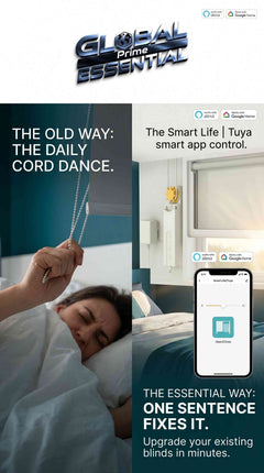 Global Prime Essential smart roller blinds motor with WiFi, voice control, and app compatibility for effortless home automation.