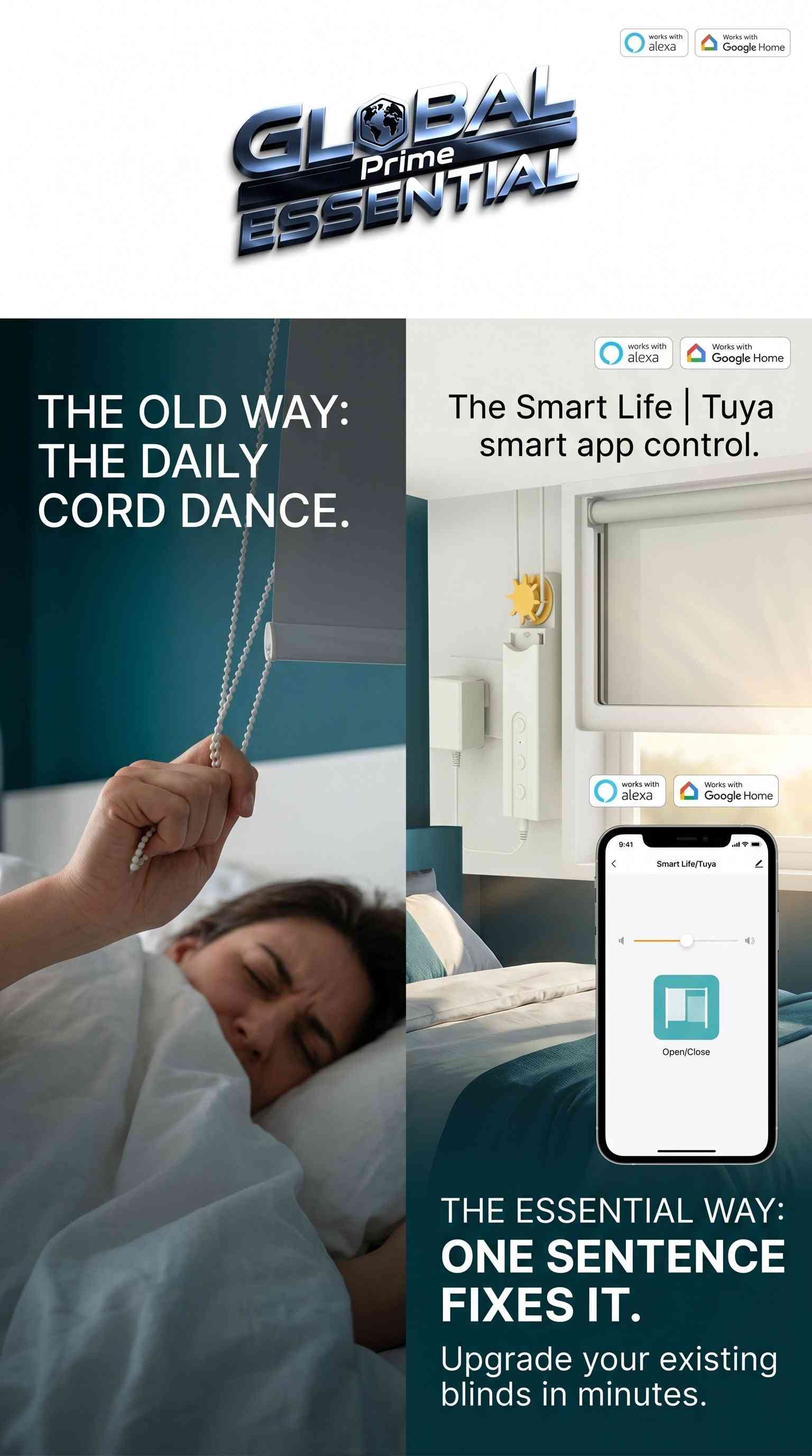Global Prime Essential smart roller blinds motor with WiFi, voice control, and app compatibility for effortless home automation.