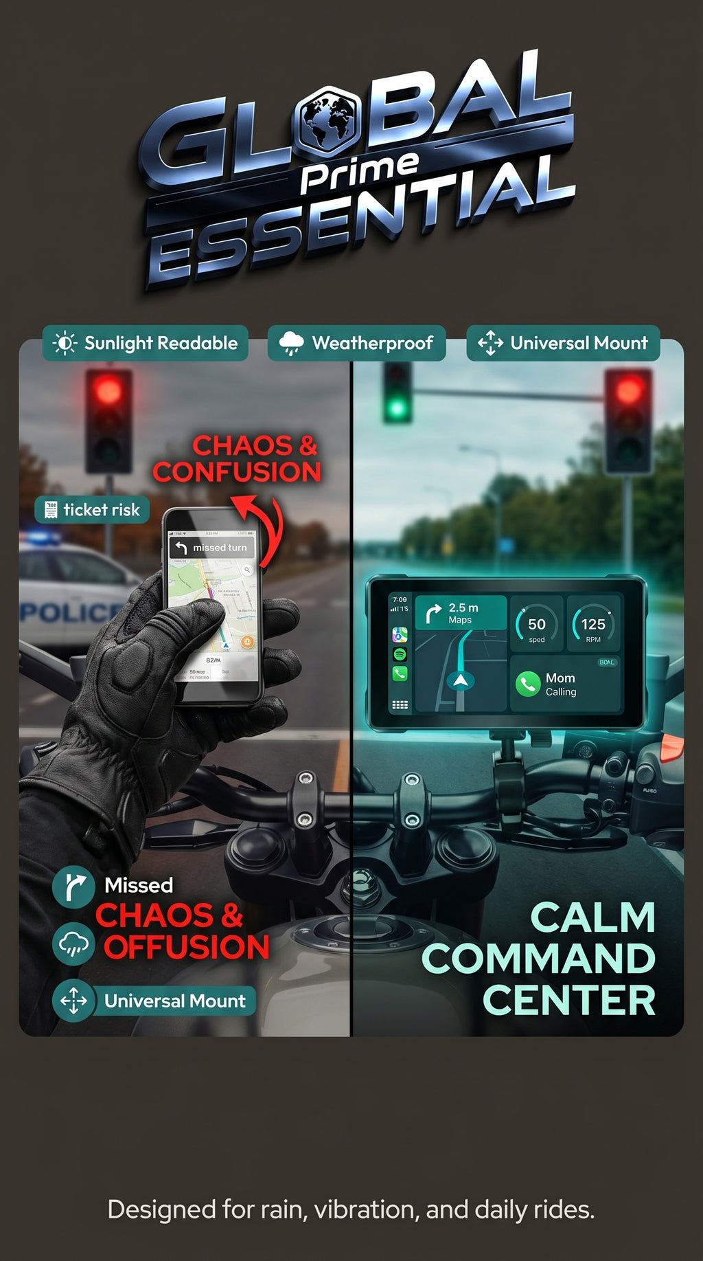 7-inch motorcycle display from Global Prime Essential, showcasing a sleek upgrade for your motorcycle cockpit with digital interface.