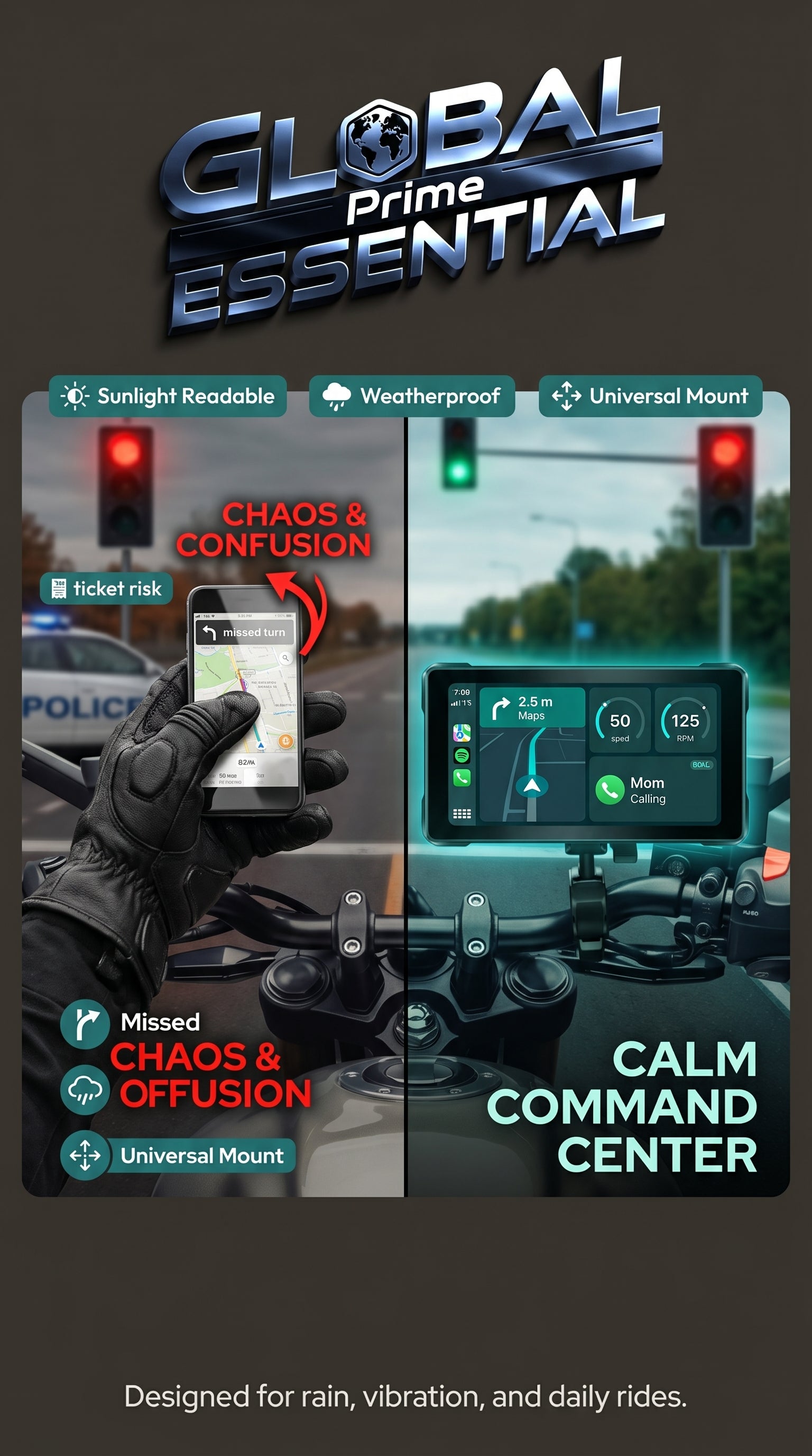 7-inch motorcycle display from Global Prime Essential, showcasing a sleek upgrade for your motorcycle cockpit with digital interface.