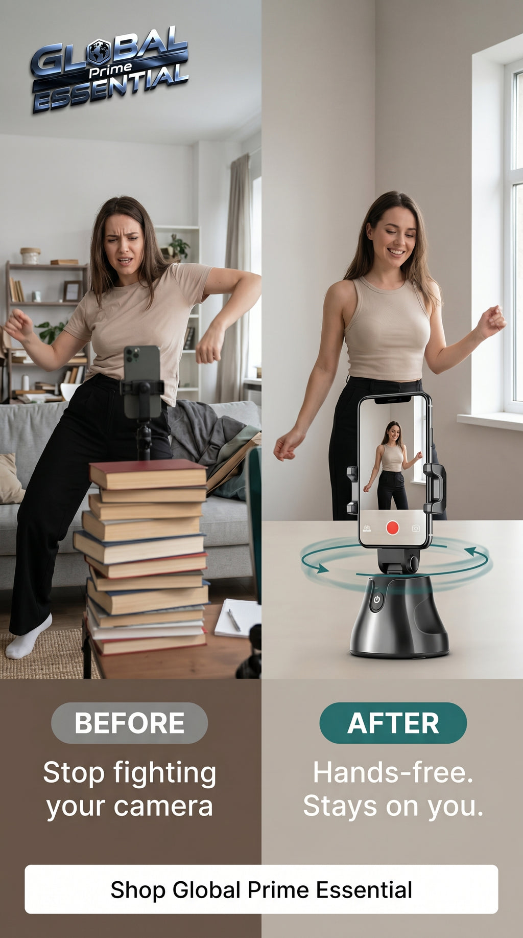 Global Prime Essential face tracking phone holder with 360° auto-follow stand for hands-free videos and live streaming.