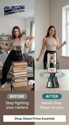 Global Prime Essential face tracking phone holder with 360° auto-follow stand for hands-free videos and live streaming.
