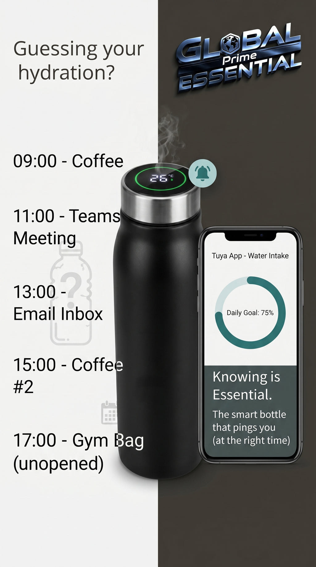 Smart Tuya water bottle by Global Prime Essential with sleek design, highlighting its upgraded features for daily wellness.